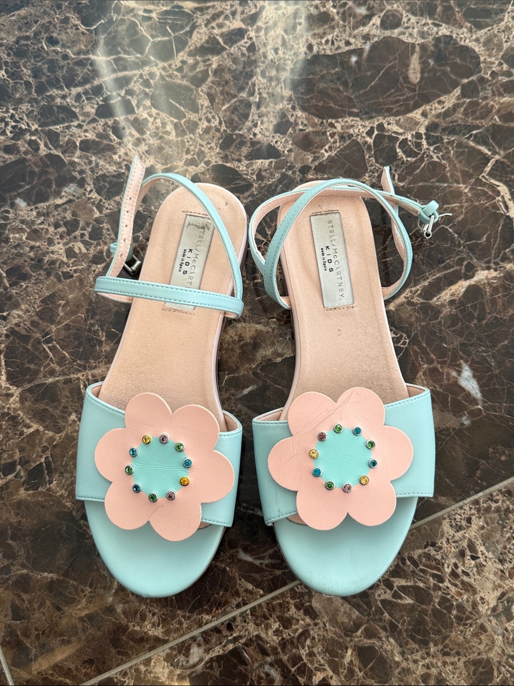 Stella McCartney Kids Mint and Pink Flower Bead Sandals sz 35